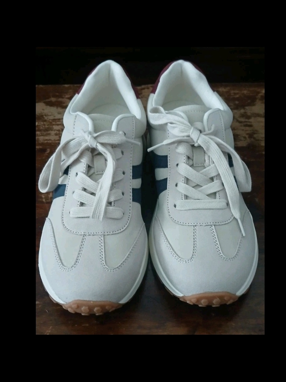 pop White Sneakers with Navy Stripes and Gum Soles